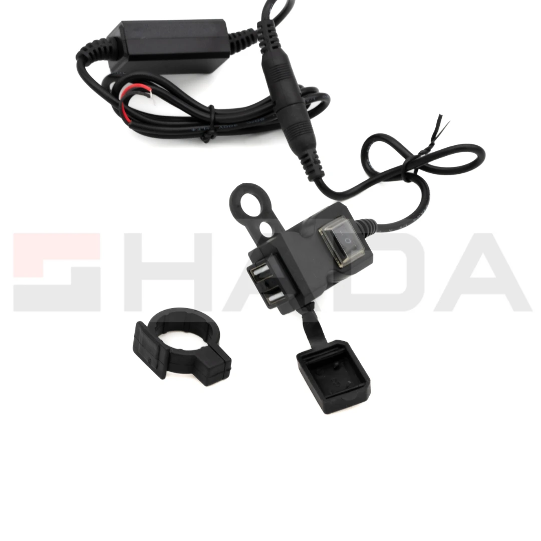 CARGADOR DE CELULAR PARA MOTO DOBLE USB, BOTON DE APAGAR Y LUZ DE INDICADOR,SOPORTE A ESPEJO Y MANUBRIO