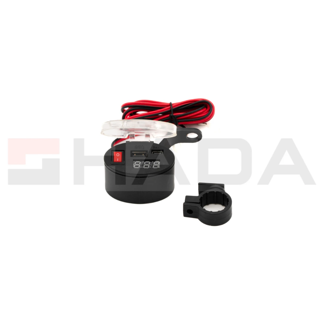 CARGADOR DE CELULAR PARA MOTO CON INDICARDOR DE VOLTAJE, USB-A+TYPE-C ,BOTON APAGAR, SOPORTE A ESPEJO Y MANUBRIO KIT