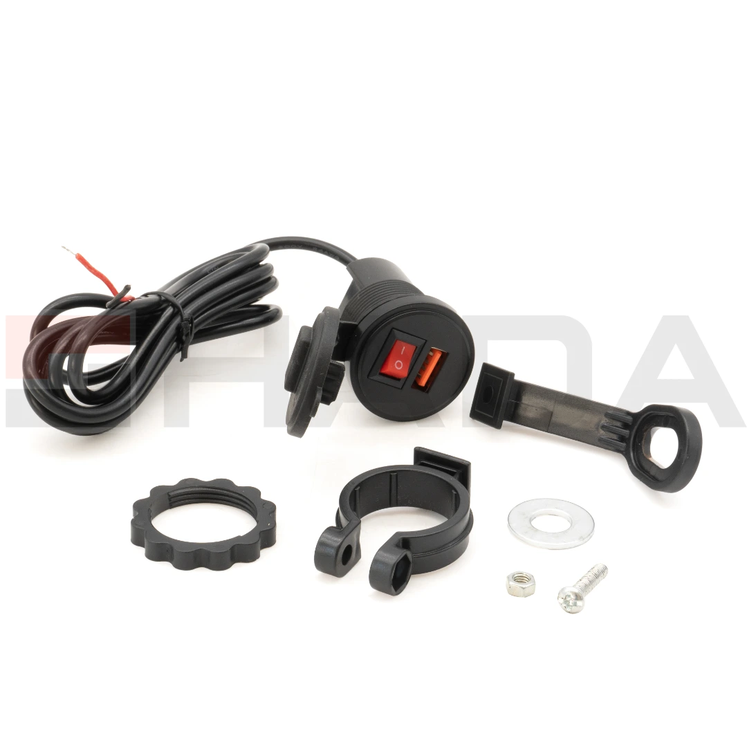 CARGADOR DE CELU. USB-A-18W,BOTON APAGAR, SOPORTE A ESPEJO Y MANUBRIO