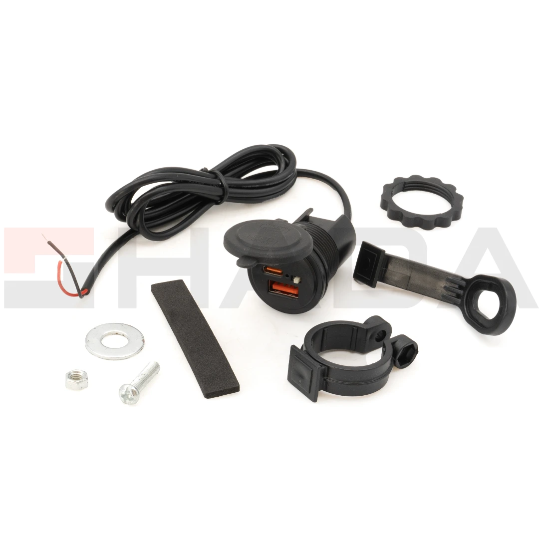 CARGADOR DE CELU. USB-A+TYPE-C -18W,BOTON APAGAR, SOPORTE A ESPEJO Y MANUBRIO